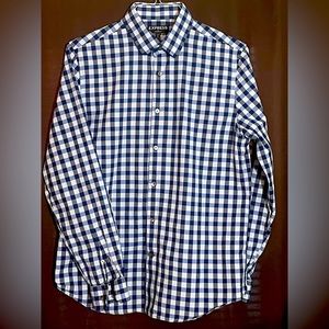 Express modern fit 100% cotton blue white and dark grey patterned button down.